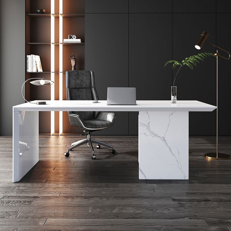 1520 mm moderner Schreibtisch aus MDF und Marmorfurnier, weißer Home-Office-Schreibtisch mit Aktenschrank
