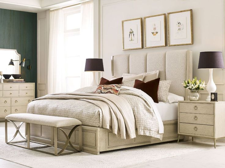 American Drew Lenox Oak Veneer Brassy Champagne 2pc Bedroom Set with Queen Upholstered Bed