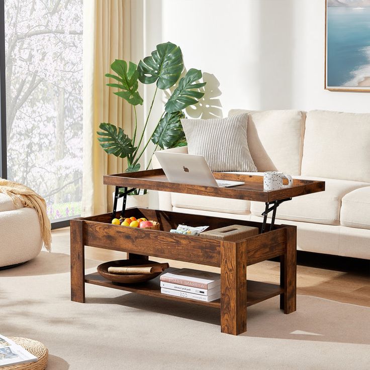 Arrik Minimalist Lift Top Coffee Table w_ Hidden Storage Compartment & Open Shelves