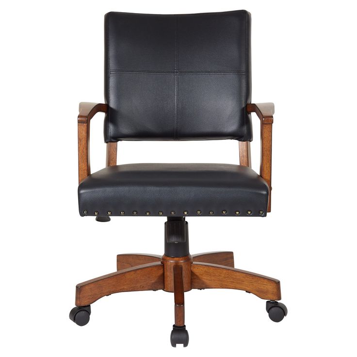 Deluxe Wood Bankers Chair, Black Faux Leather With Antique Bronze Nailheads, Bla