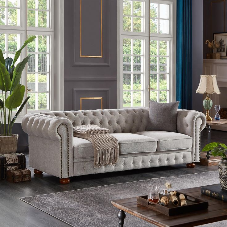 N NOORDENIYA Chesterfield Sofa, 89_ Linen Fabric Couch Upholstered Sofa with Low Back,Roll Arm Nailhead Trim Classic 3 Seater Sofa for Living Room,Home Furniture (Light Grey)