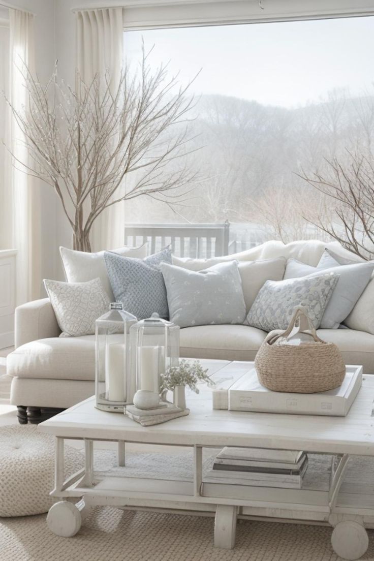 Serene Living Room with White Couch, Soft Blue Tones, and Dreamy Color Palette