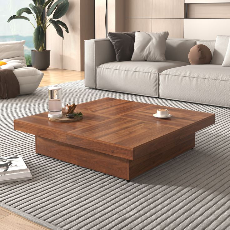 Square Marble Veneer Coffee Table Sliding Top with Storage